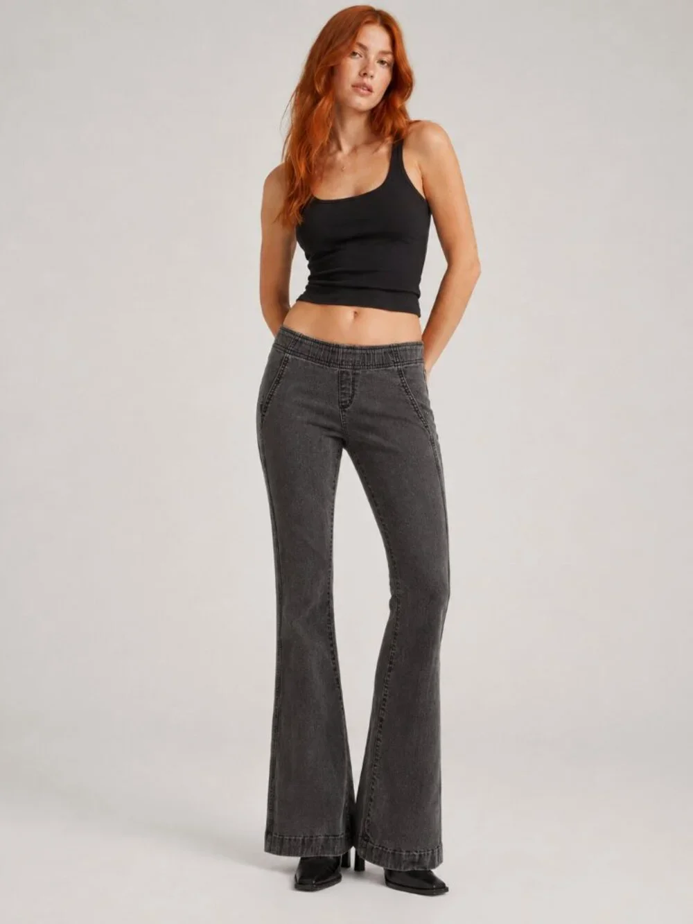 Free People We The Free Penny Pull-On Flare Jeans Washed Black Low Rise Size 31